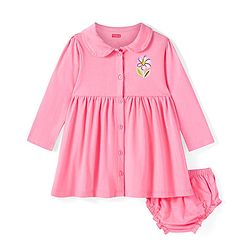 Babyhug Cotton Knit Full Sleeves Floral Printed Frock with Bloomer - Pink