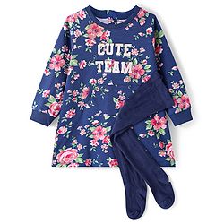 Babyhug Cotton Knit Full Raglan Sleeves Frock With Floral Print & Stockings - Blue