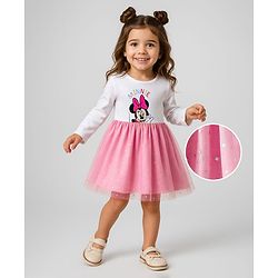 Babyhug Disney Single Jersey Knit Full Sleeves Frock with Minnie Graphics & Foil Mesh Detailing - Pink