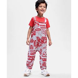 Babyhug Disney Single Jersey Knit Half Sleeves T-Shirt & Dungaree Set With Cars Print - Red & Grey