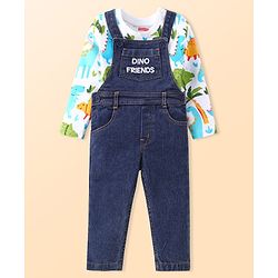 Babyhug Single Jersey Woven Dungaree with Full Sleeves Dino Printed T-Shirt - Navy Blue