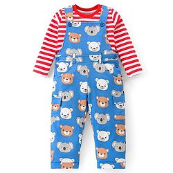 Babyhug Single Jersey Knit Dungaree and Full Sleeves Striped T-Shirt Set with Bear Print - Red & Blue