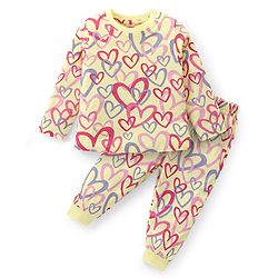 Babyhug Cotton Knit Full Sleeves Night Suit with Heart Print - Light Yellow