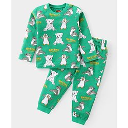 Babyhug Cotton Knit Full Sleeves Night Suit Penguin Print - Green