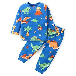 Babyhug Cotton Knit Full Sleeves Night Suit Dino Print - Blue