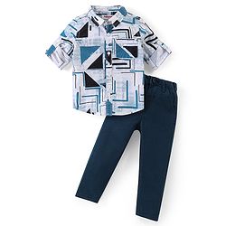 Babyhug Cotton Woven Full Sleeves Geometric Printed Shirt & Trouser Set - Light Blue