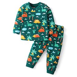 Babyhug Cotton Knit Full Sleeves Night Suit with Dino Print - Dark Green