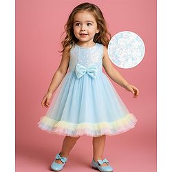 Babyhug Woven Sleeveless Fit & Flared Sequined on Yoke Party Dress with Bow Applique & Frill Detailing On Hem- Light Blue
