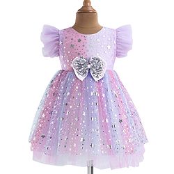Babyhug Woven Frill Sleeves Fit & Flared Party Frock with Foil Stars Print & Bow Applique - Lilac