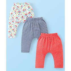 Babyhug Cotton Knit Full Length Diaper Leggings With Stripes Polka Dots & Floral Print Pack Of 3 - Navy Off White & Red