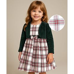 Babyhug Woven Full Sleeves Jacket & Checkered Frock with Bow Applique - White Red & Black