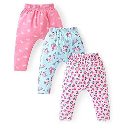 Babyhug Cotton Knit Full Length Diaper Leggings With Floral & Butterflies Print Pack Of 3 - Pink Blue & Light Pink