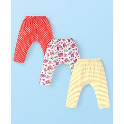Babyhug Interlock Cotton Knit Full Length Striped & Floral Printed Diaper Leggings Pack of 3 - Red Yellow & White