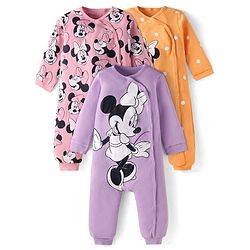 Babyhug Disney Interlock Knit Full Sleeves Front Open Minnie Mouse Printed Rompers Pack of 3 - Lilac Yellow & Pink