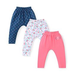 Babyhug Cotton Knit Full Length Diaper Leggings With Floral & Polka Dots Print Pack Of 3 - Pink White & Navy