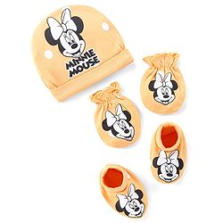 Babyhug Disney Interlock Knit Cap Mittens & Booties Set with Star & Minnie Mouse Print - Light Peach