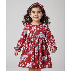 Babyhug Woven Full Sleeves Floral Printed Frock with Headband - Rust Orange