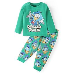 Babyhug Disney Single Jersey Knit Full Sleeves Night Suit with Donald Duck Graphics- Light Green