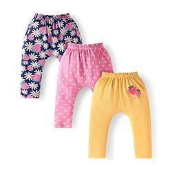 Babyhug Interlock Knit Full Length Floral & Polka Dots Printed Diaper Leggings Pack of 3 - Yellow Pink & Navy