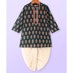 Babyhug Woven Full Sleeves Mandarin Collar Floral Cambric Printed Kurta Dhoti Set - Green