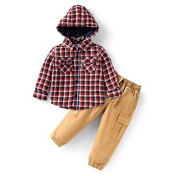 Babyhug Cotton Woven Full Sleeves Hooded Checkered Shirt & Lounge Pant Set - Beige & Rust Orange