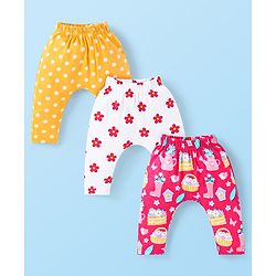Babyhug Interlock Knit Full Length Diaper Leggings with Polka Dots & Floral Print Pack of 3 - White Yellow & Pink