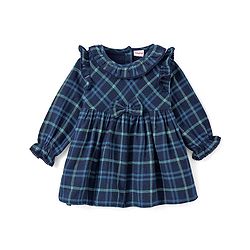 Babyhug Cotton Woven Full Peasant Sleeves Checkered Frock With Frill & Bow Detailing - Navy Blue