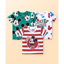 Babyhug Disney Single Jersey Knit Half Sleeves Striped & Mickey Mouse Graphics Pack of 3 - Red Green & White