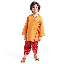 Babyhug Woven Full Sleeves Floral Printed Kurta Dhoti Set with Pair of Booties & Paghdi - Mustard & Red