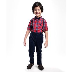 Babyhug Cotton Woven Full Sleeves Checkered Shirt with Jeans Bow & Suspender - Red & Blue
