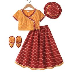 Babyhug Woven Half Sleeves Brocade Jamna Set with Pair of Booties & Paghdi - Mustard