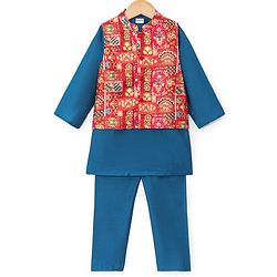 Babyhug Woven Full Sleeves Solid Kurta Pyjama Set with Foil Printed Jacket - Blue