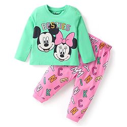 Babyhug Disney Single Jersey Knit Full Sleeves Night Suit with Minnie Mouse & Friends Graphics- Sea Green & Pink