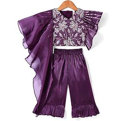 Babyhug Woven Flutter Sleeves Slik Sequined Embroidered Top & Palazzo Set with Dupatta - Wine