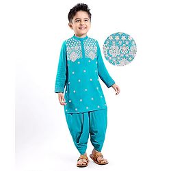 Babyhug Woven Full Sleeves Floral Embroidered Kurta Dhoti Set -Light Blue