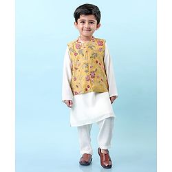Babyhug Cotton Woven Full Sleeves Kurta & Pajama Set with Floral Embroidered Jacket - Off White
