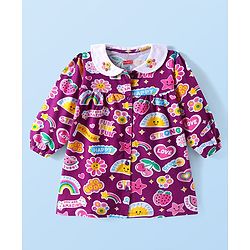Babyhug Single Jersey Knit Full Sleeves Peter Pan Collar Frock With Rainbow & Text Print - Purple