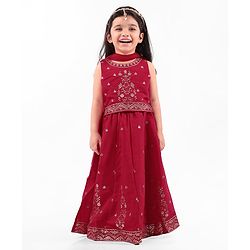 Babyhug Woven Sleeveless Floral Embroidered Kalli Lehenga Choli & Dupatta Set- Red