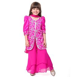 Babyhug Woven Three Fourth Puffed Sleeves Floral Embroidered Kurti Palazzo Set with Dupatta - Pink