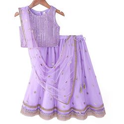 Babyhug Woven Sleeveless Sequined Embroidered Choli Lehenga Set with Net Dupatta & Lace Detailing - Lilac