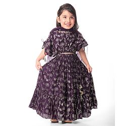 Babyhug Woven Half Sleeves Floral Printed Choli Lehenga Set with Dupatta - Purple