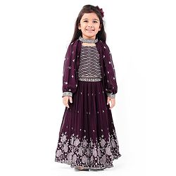 Babyhug Crepe Silk Pleated Sequinned Embroidered Choli & Lehenga Set with Detachable Full Sleeves - Wine