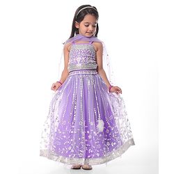 Babyhug Net Woven Sleeveless Singlet Sleeves Sequinned Floral Embroidered Lehenga Choli & Dupatta Set- Lilac