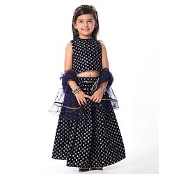 Babyhug Velvet Woven Sleeveless Floral & Mirror Embroidered Choli With Lehenga & Dupatta - Navy Blue