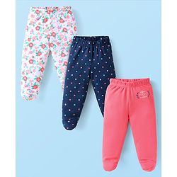 Babyhug Interlock Knit Footed Leggings with Polka Dots & Floral Print Pack of 3 - Navy Blue