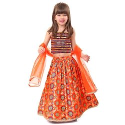 Babyhug Singlet Sleeves Sequinned Choli with Brocade Lehenga & Dupatta Set - Orange