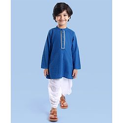Babyhug Cotton Woven Full Sleeves Solid Colour Kurta & Dhoti Set with Lace Detailing - Blue