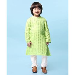Babyhug Woven Full Sleeves Sequinned Embroidered Kurta Pyjama Set- Light Green