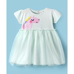 Babyhug Cotton Knit Half Sleeves Frock with Unicorn Sequin Detailing - Light Blue