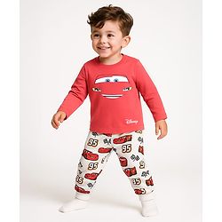 Babyhug Disney Single Jersey Knit Full Sleeves Night Suit With Cars Graphics - Red & White
